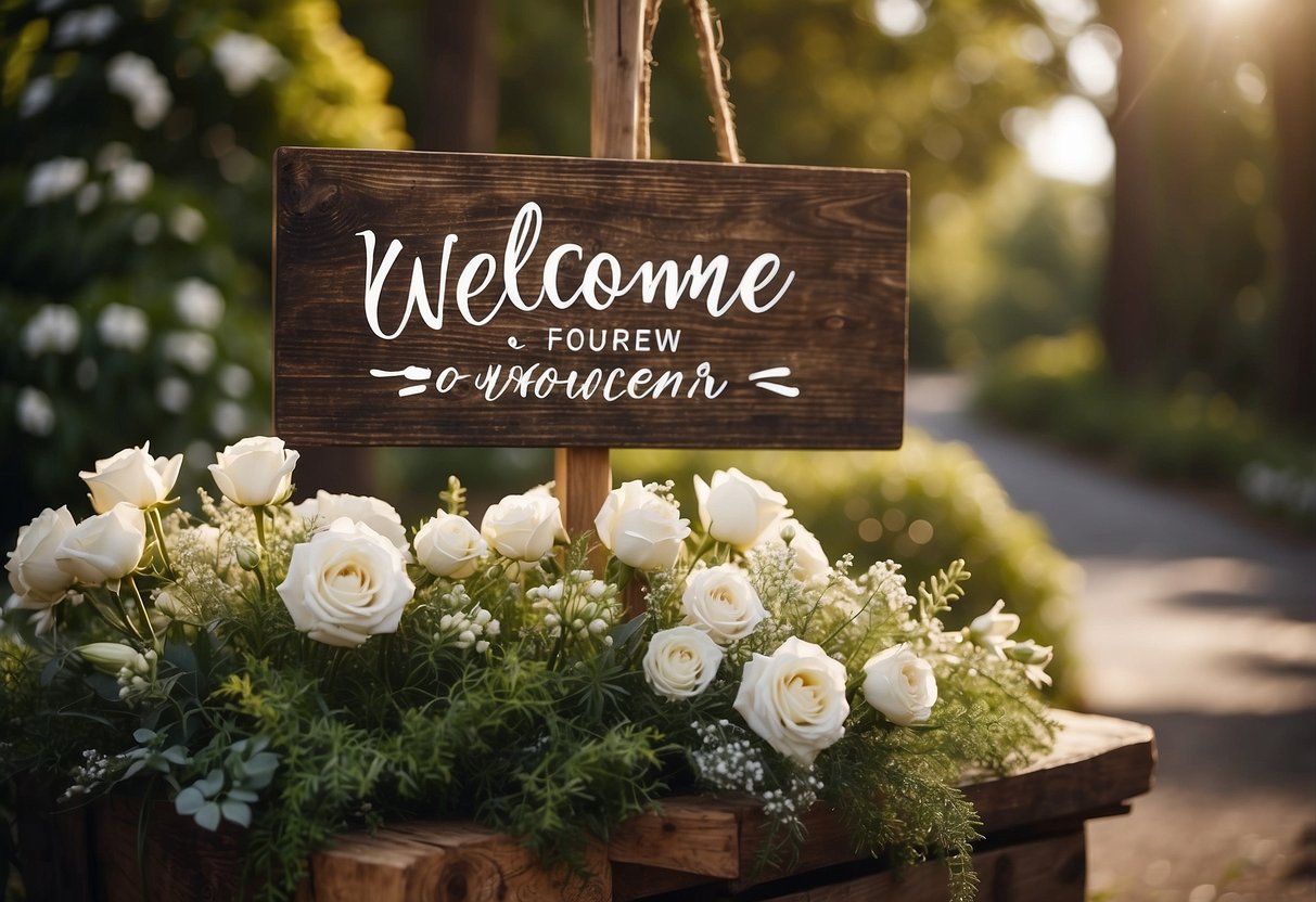 A rustic wooden sign with "Welcome to our forever" in elegant calligraphy, adorned with flowers and greenery