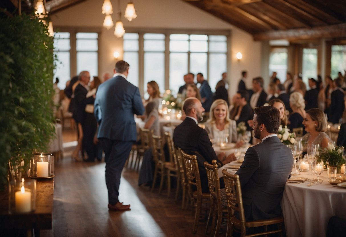 Guests mingling, choosing seats. Wedding sign reads: "Choose a seat, not a side. We’re all family." Warm, welcoming atmosphere