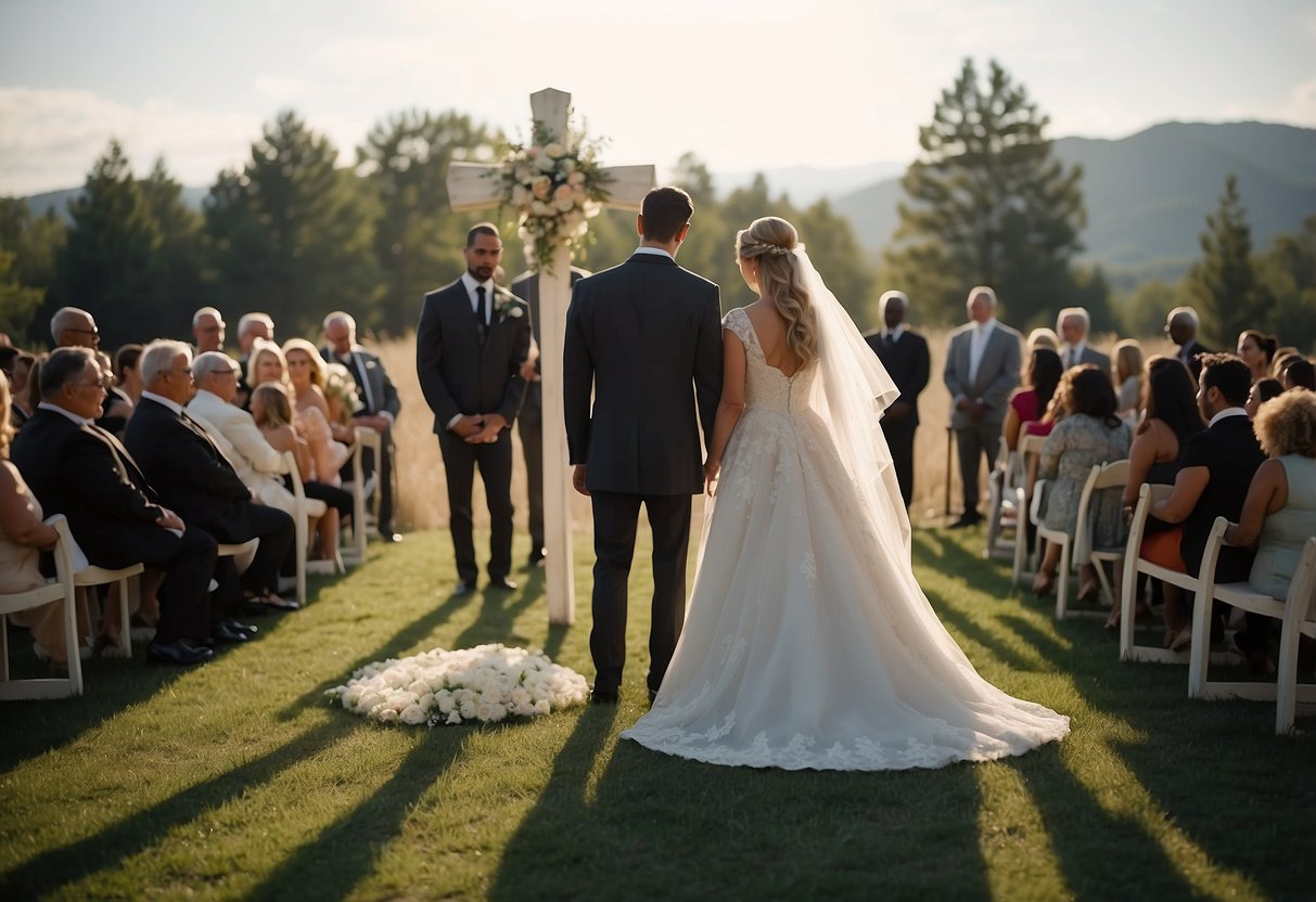 A bride and groom stand before a Unity Cross, symbolizing their union in a Christian wedding ceremony