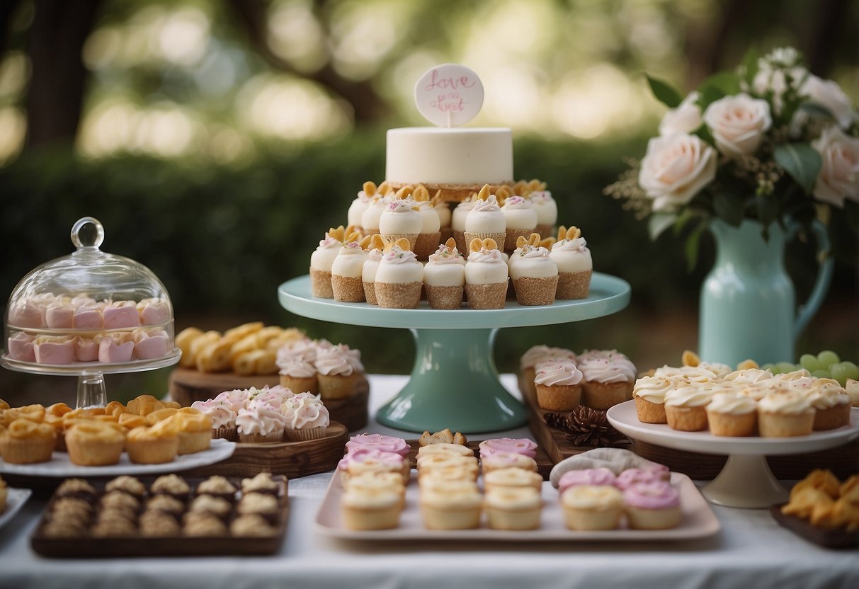 A sign with "Love is sweet, grab a treat" at a wedding dessert table with a variety of sweets and treats displayed attractively