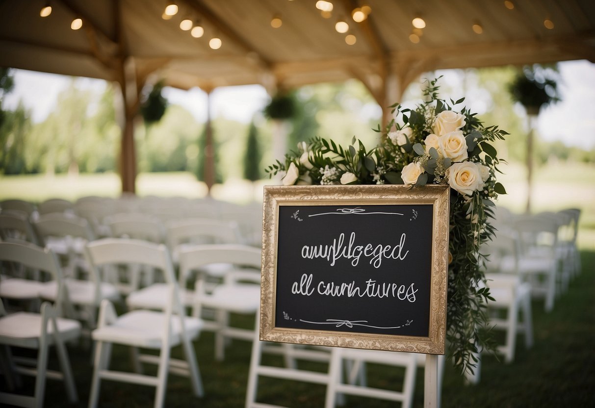 An empty wedding ceremony with a sign saying "Unplugged ceremony: Please turn off all devices."