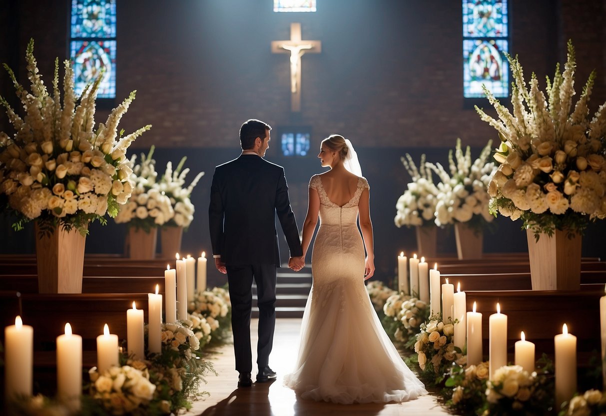 A bride and groom standing at the altar, surrounded by floral arrangements and candles, with a cross or religious symbol in the background