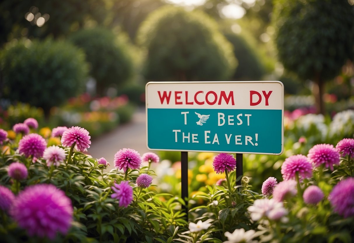 A colorful sign with bold lettering reads "Welcome to the best day ever!" against a backdrop of flowers and greenery