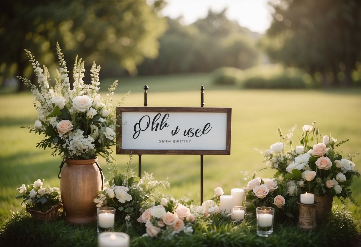 A wedding sign with "Oh snap! Use our hashtag #SmithWedding2024" in elegant calligraphy, surrounded by floral decorations