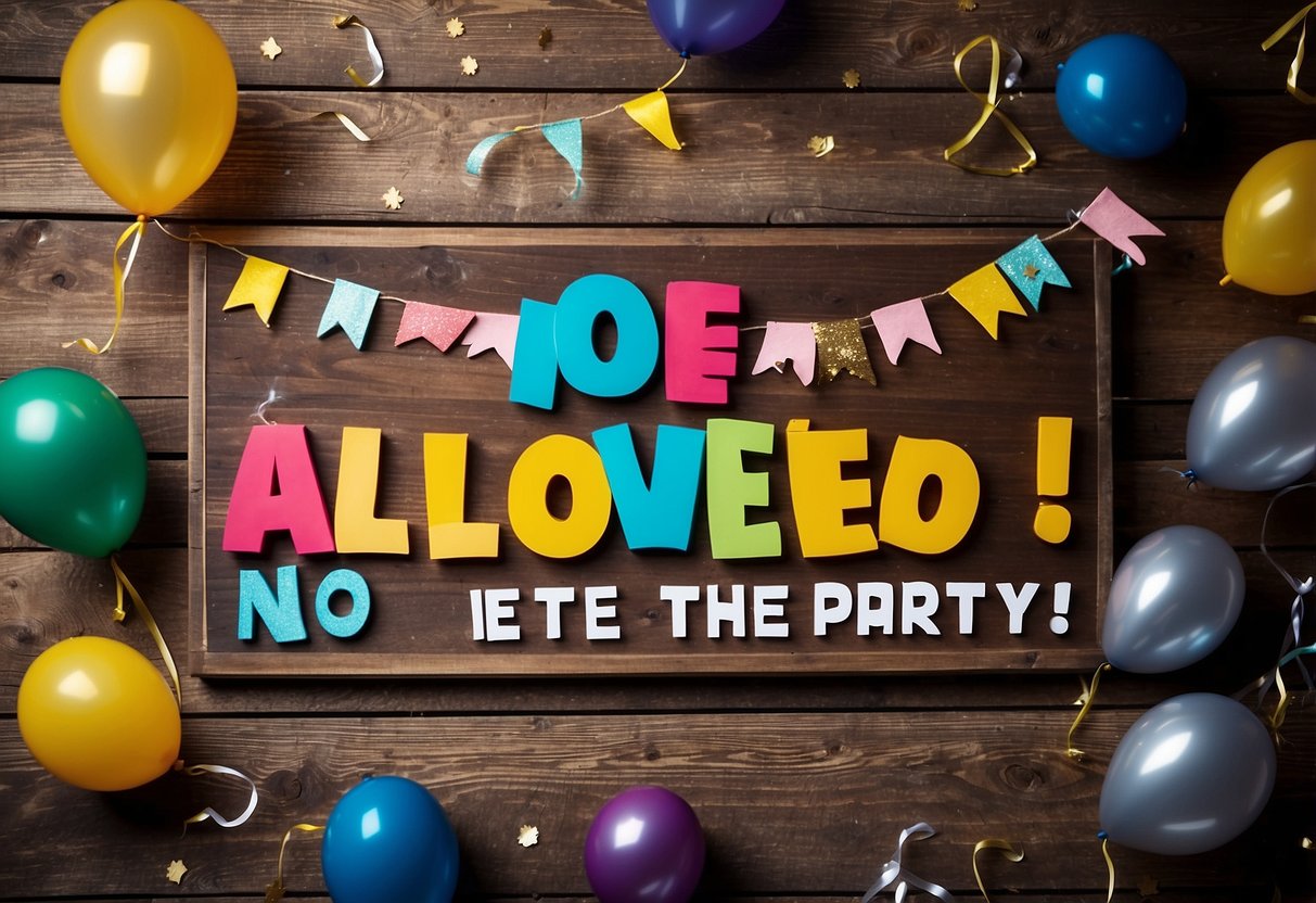 Colorful sign with bold text "No ties allowed! Let’s party!" on a wooden board, surrounded by confetti and streamers