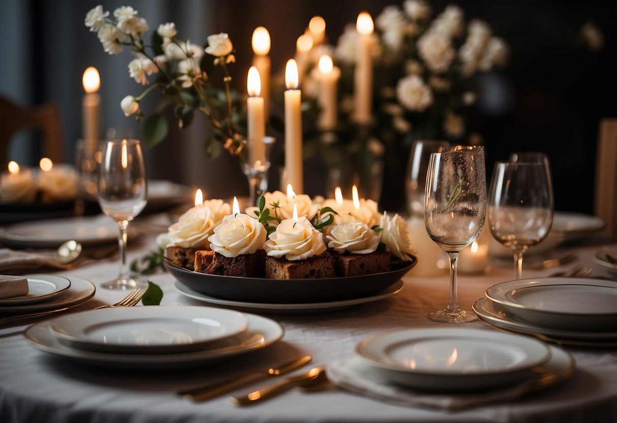 A romantic dinner table with candles and flowers, a bottle of champagne, and a beautifully set table with elegant dinnerware and a personalized anniversary cake