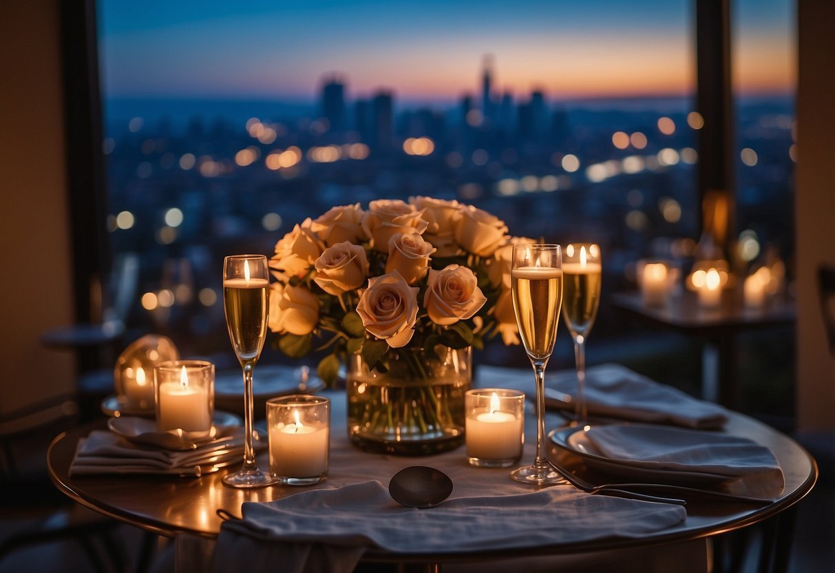 A candlelit table with a view of the city skyline, adorned with roses and champagne, set for a romantic dinner at La Pergola