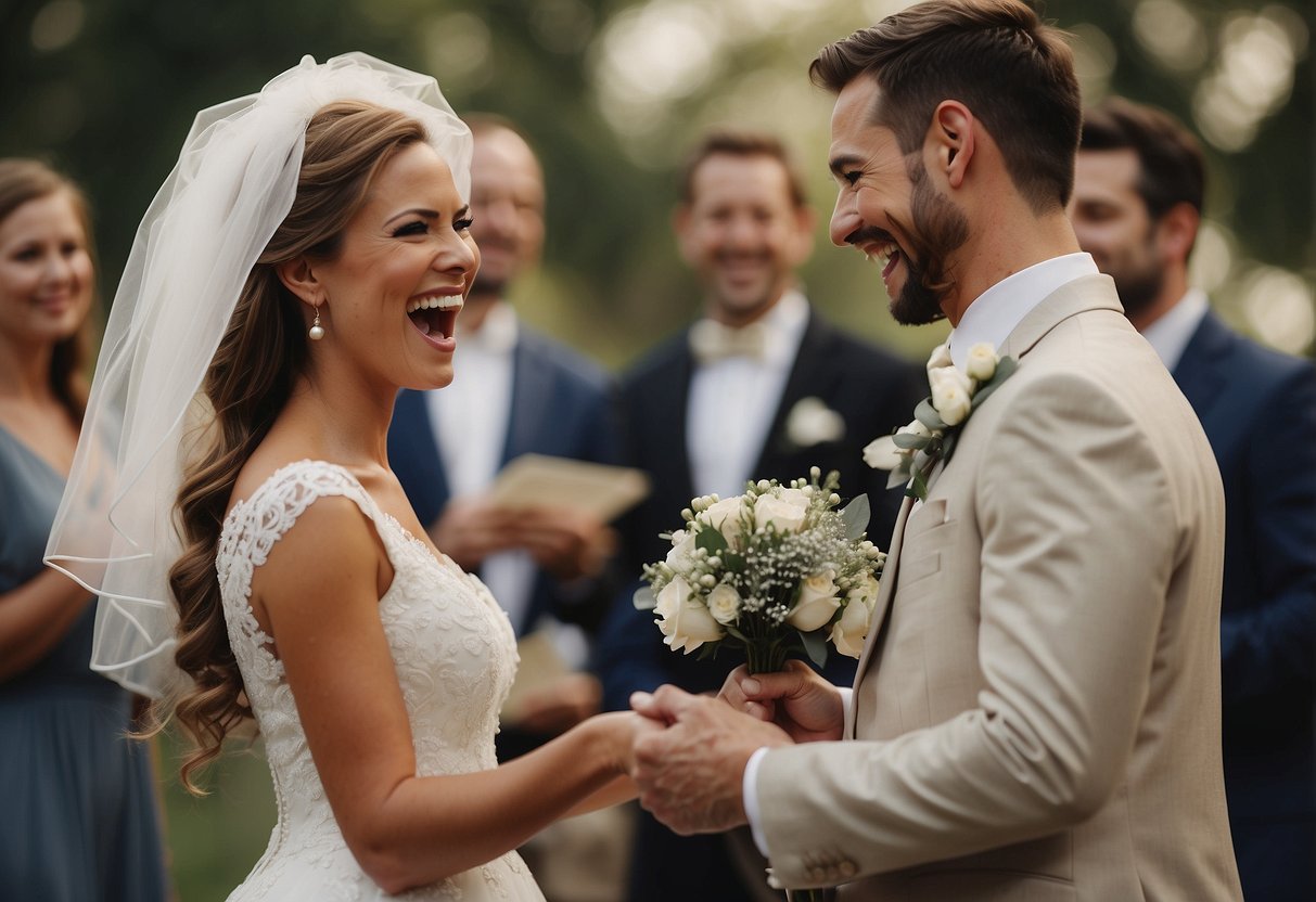 A bride and groom exchanging vows with silly props and exaggerated gestures. Laughter and smiles all around