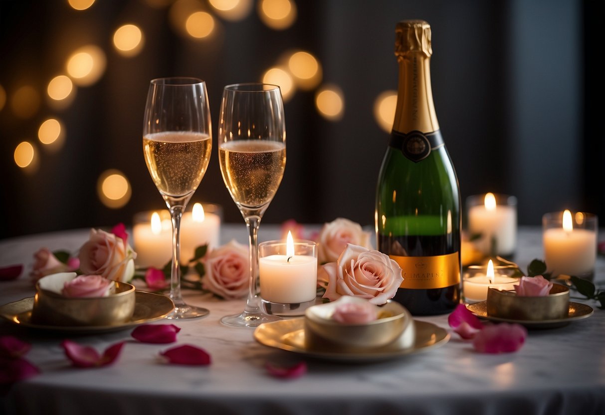 A table set for two with a single candle burning, surrounded by rose petals and a bottle of champagne on ice