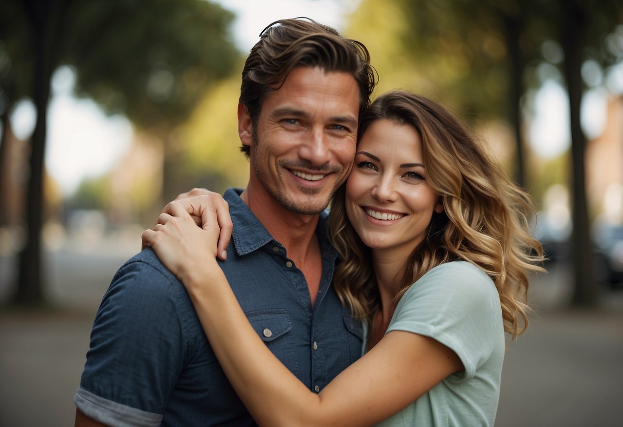 A couple embracing, one holding the other from behind, with a playful and lighthearted expression on their faces