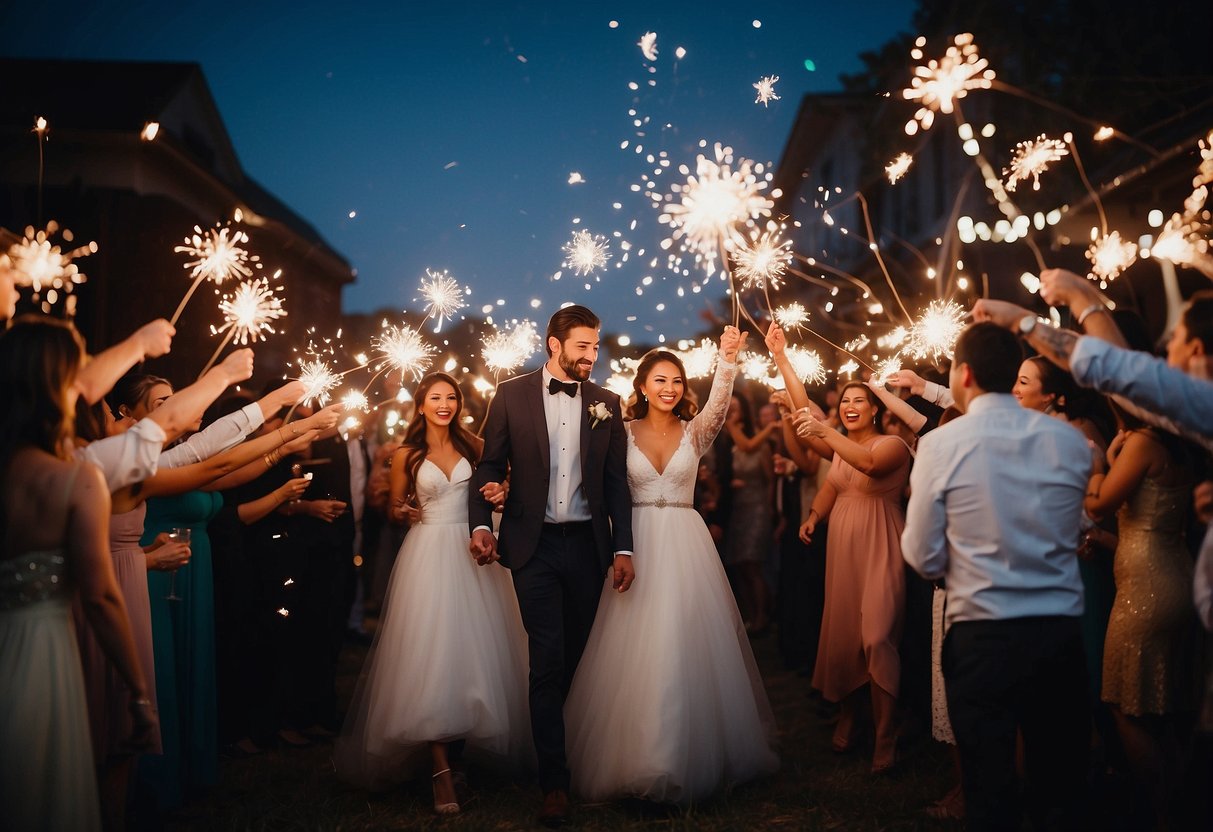 A group of sparklers light up the night sky at 10 PM for a wedding send-off