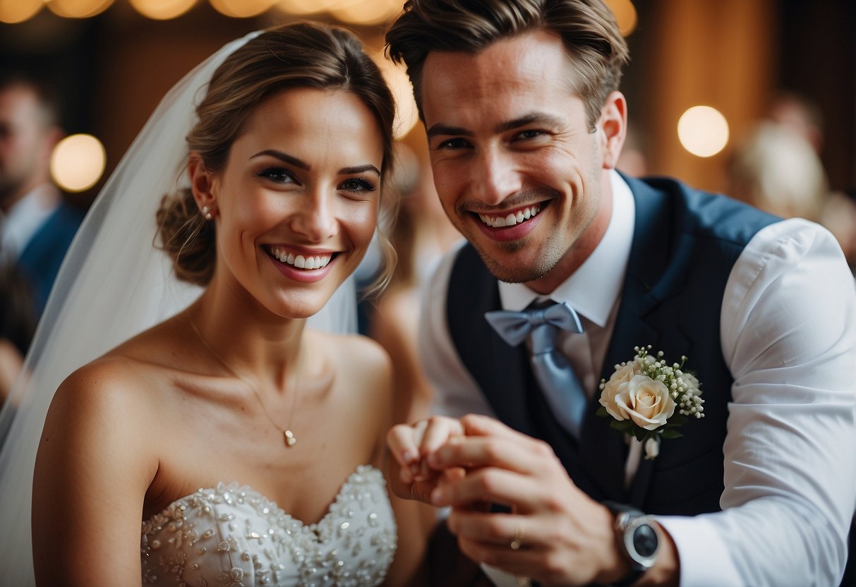 A groom with a playful smirk, holding a wedding ring, while the bride looks on with a mix of amusement and adoration