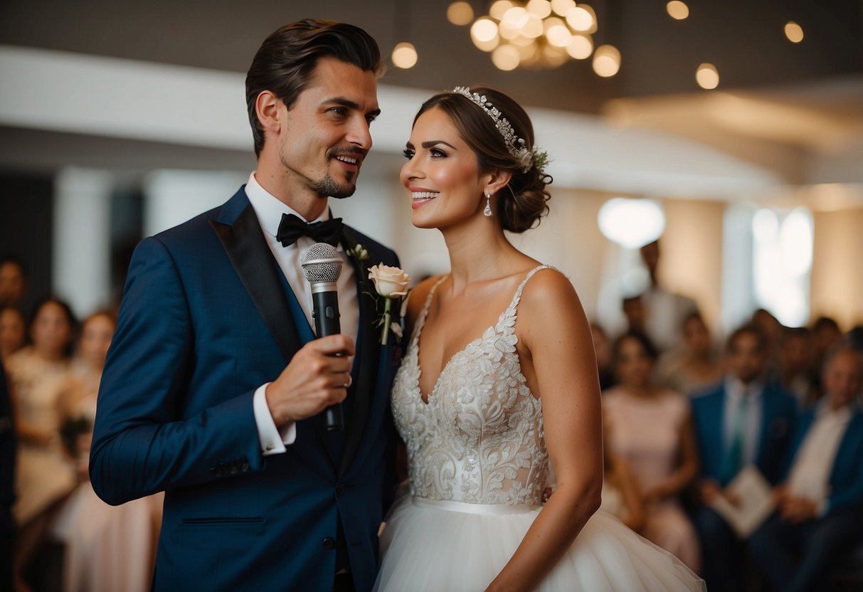 A groom standing in front of a bride, holding a microphone, with a determined and slightly grumpy expression on his face