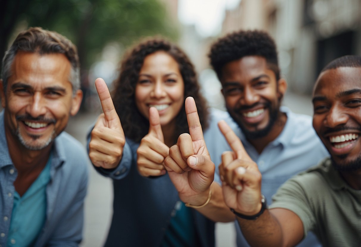 A person with a confident expression, holding up their index finger to emphasize their point, while others around them listen with amused expressions