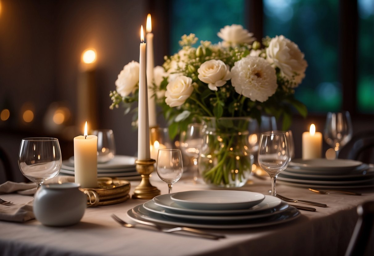 A beautifully set table with elegant dinnerware and a centerpiece of fresh flowers. Candles flicker, casting a warm glow on the scene