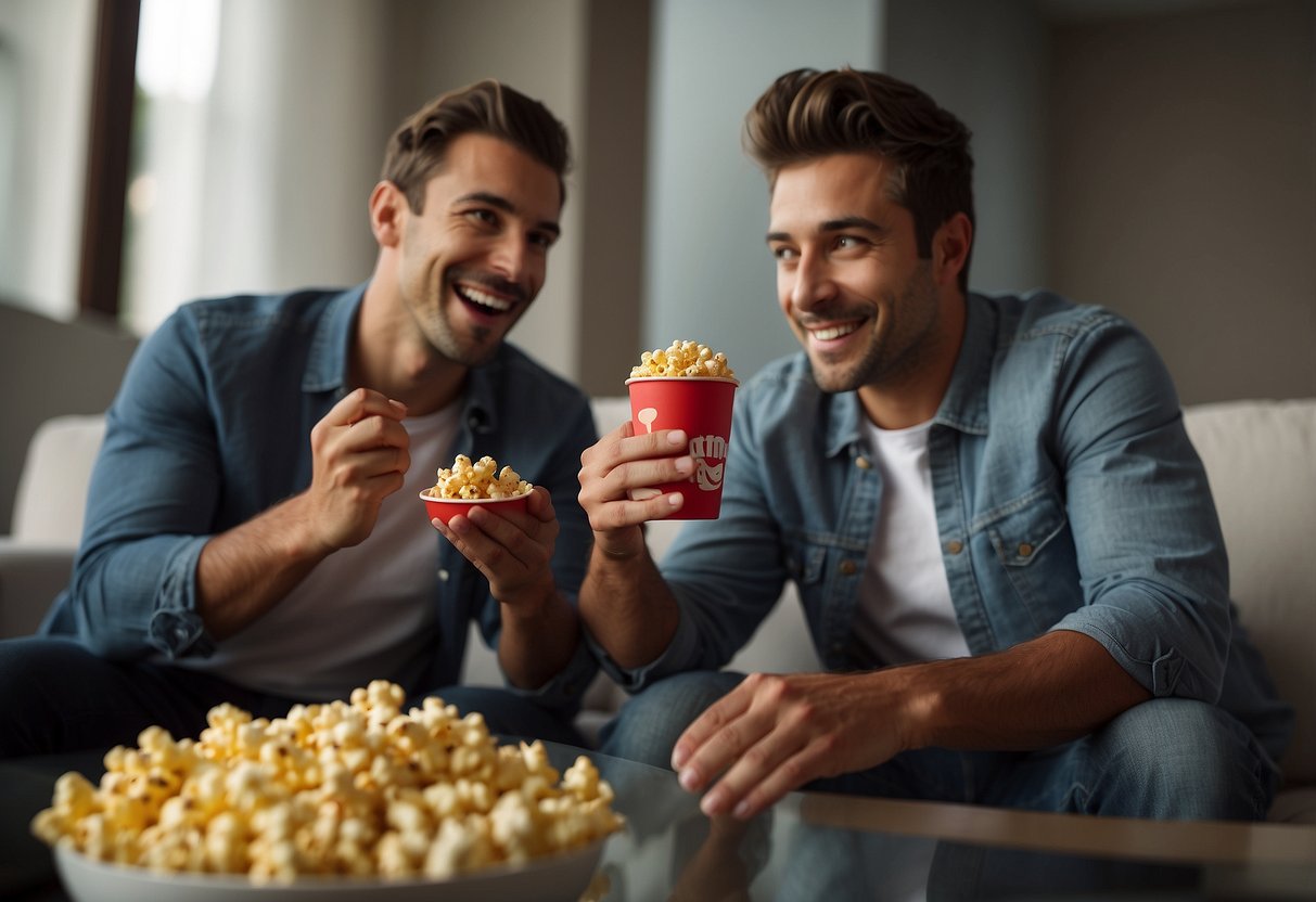 Two figures clasping hands, surrounded by TV remotes and popcorn, with a playful, mischievous expression on their faces