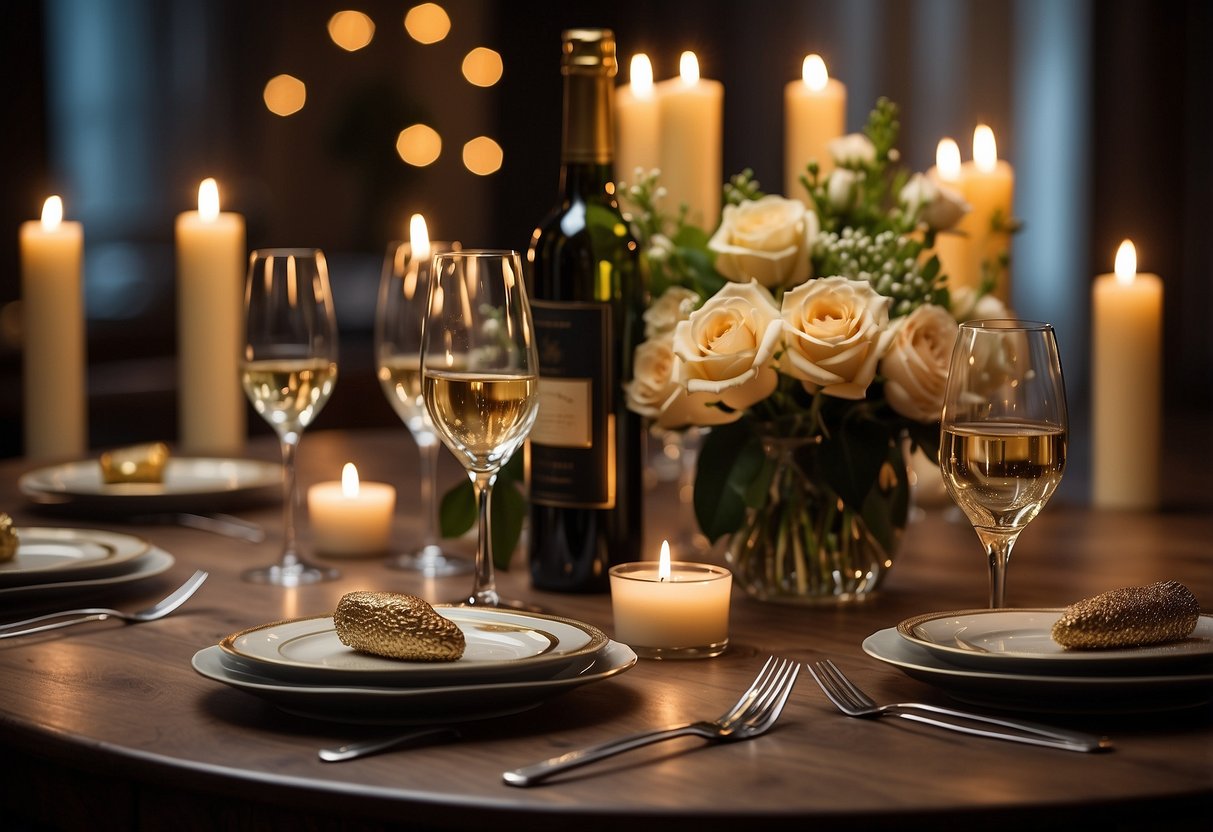 A dining table set with elegant dinnerware, a bouquet of flowers, and a bottle of champagne. Candles flicker, casting a warm glow on the scene