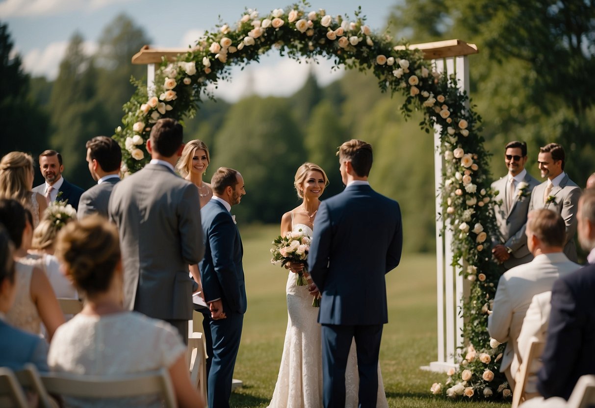 A couple stands beneath a floral arch, exchanging vows. Guests sit in rows, watching the ceremony. A non-religious officiant leads the couple in a meaningful ritual