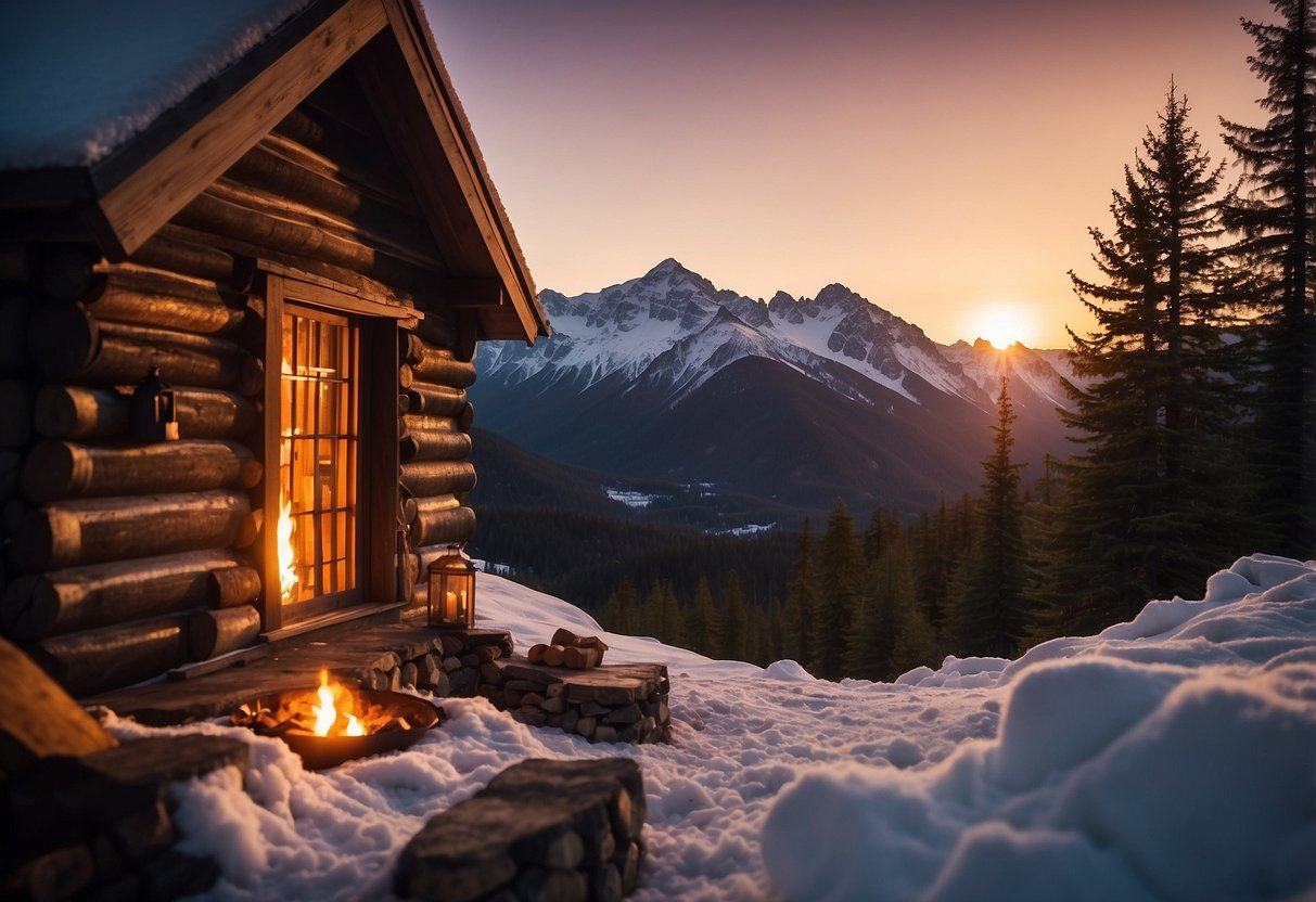 A cozy cabin nestled in the mountains, with a crackling fire and a bottle of champagne on ice. A stunning sunset paints the sky, casting a warm glow over the tranquil scene