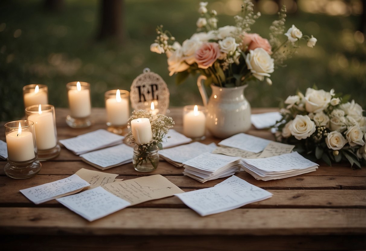 A table covered in love letters, surrounded by wedding decor ideas, non-religious in nature