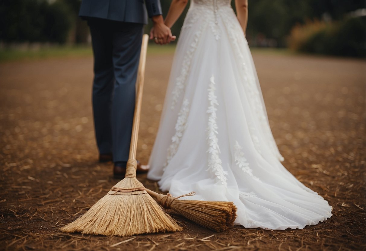 A broom is placed on the ground, with the bride and groom standing on either side. They hold hands and jump over the broom together