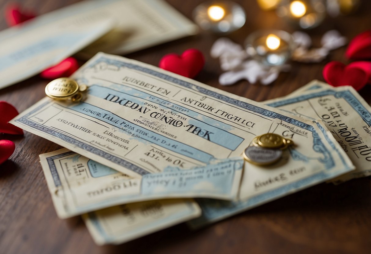 Two concert tickets surrounded by anniversary decorations and symbols of love