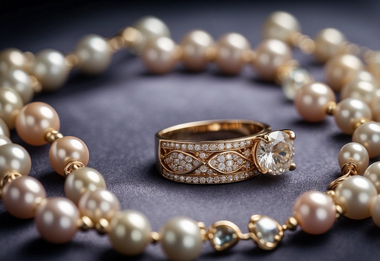 A beautiful custom 30th anniversary necklace and ring set displayed on a velvet jewelry stand, surrounded by shimmering pearls and delicate rose petals