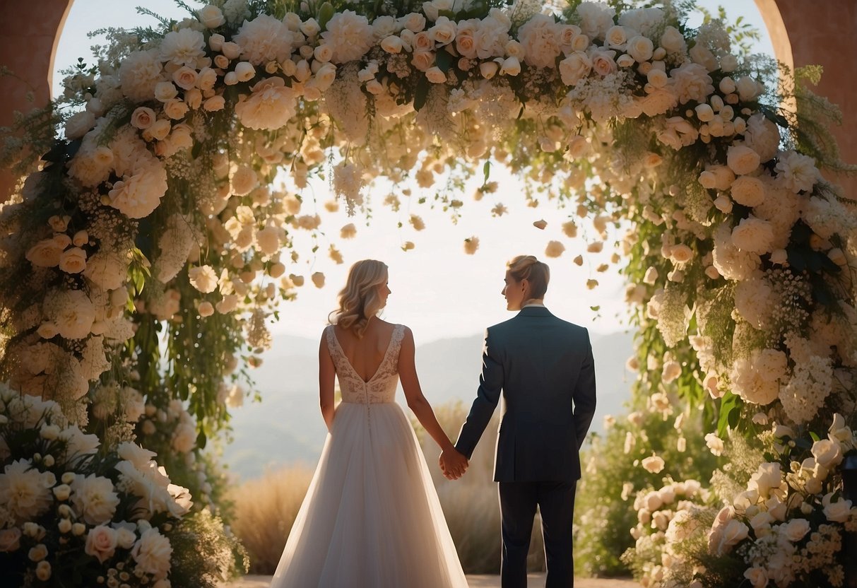 A couple stands beneath a blooming archway, surrounded by personalized vow books and a scattering of flower petals. A gentle breeze carries the sound of their heartfelt promises