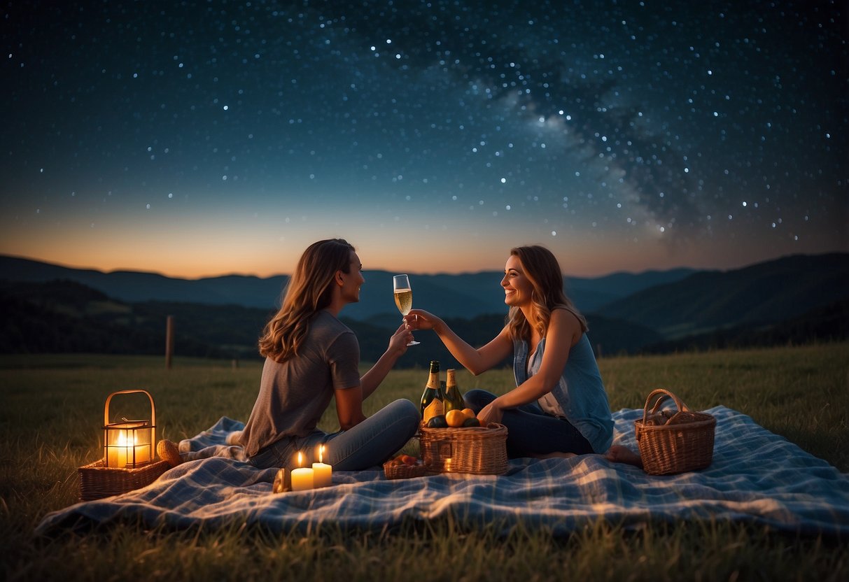 A couple sits on a blanket under a starry sky, toasting with champagne. A telescope and a picnic basket are nearby