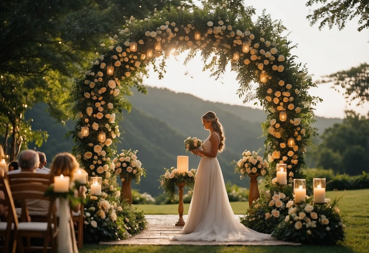 A couple stands under a floral arch, surrounded by hanging lanterns and lush greenery. A small table holds a unity candle and a personalized ceremony script