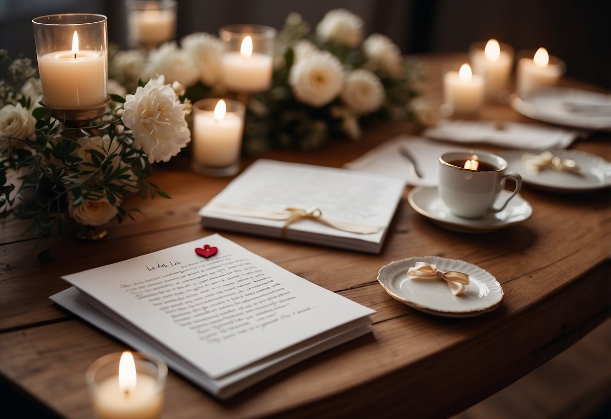 A table scattered with handwritten love letters, surrounded by 30th wedding anniversary decoration ideas