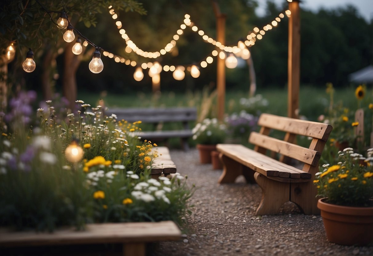 A small outdoor garden with string lights and simple wooden benches, adorned with handmade decorations and wildflowers, creating a cozy and budget-friendly wedding venue