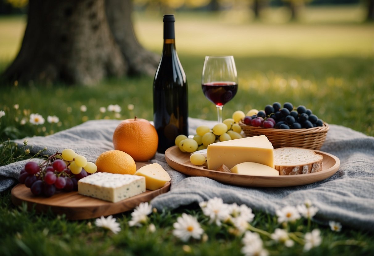 A cozy picnic blanket under a blooming tree, with a spread of wine, cheese, and fruits. A vase of fresh flowers and candles set the scene for a romantic 30th wedding anniversary celebration