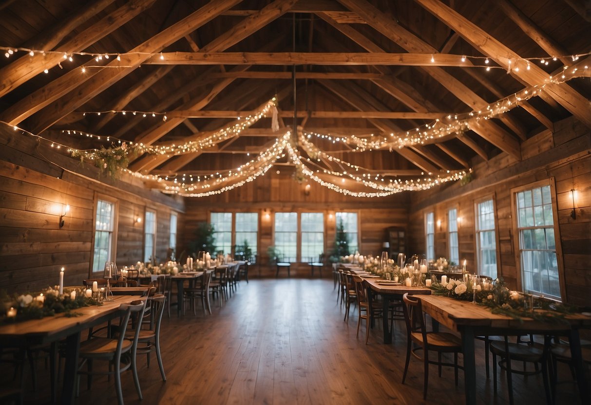 A cozy community center with fairy lights, rustic decor, and DIY centerpieces. A budget-friendly wedding venue with a warm and inviting atmosphere