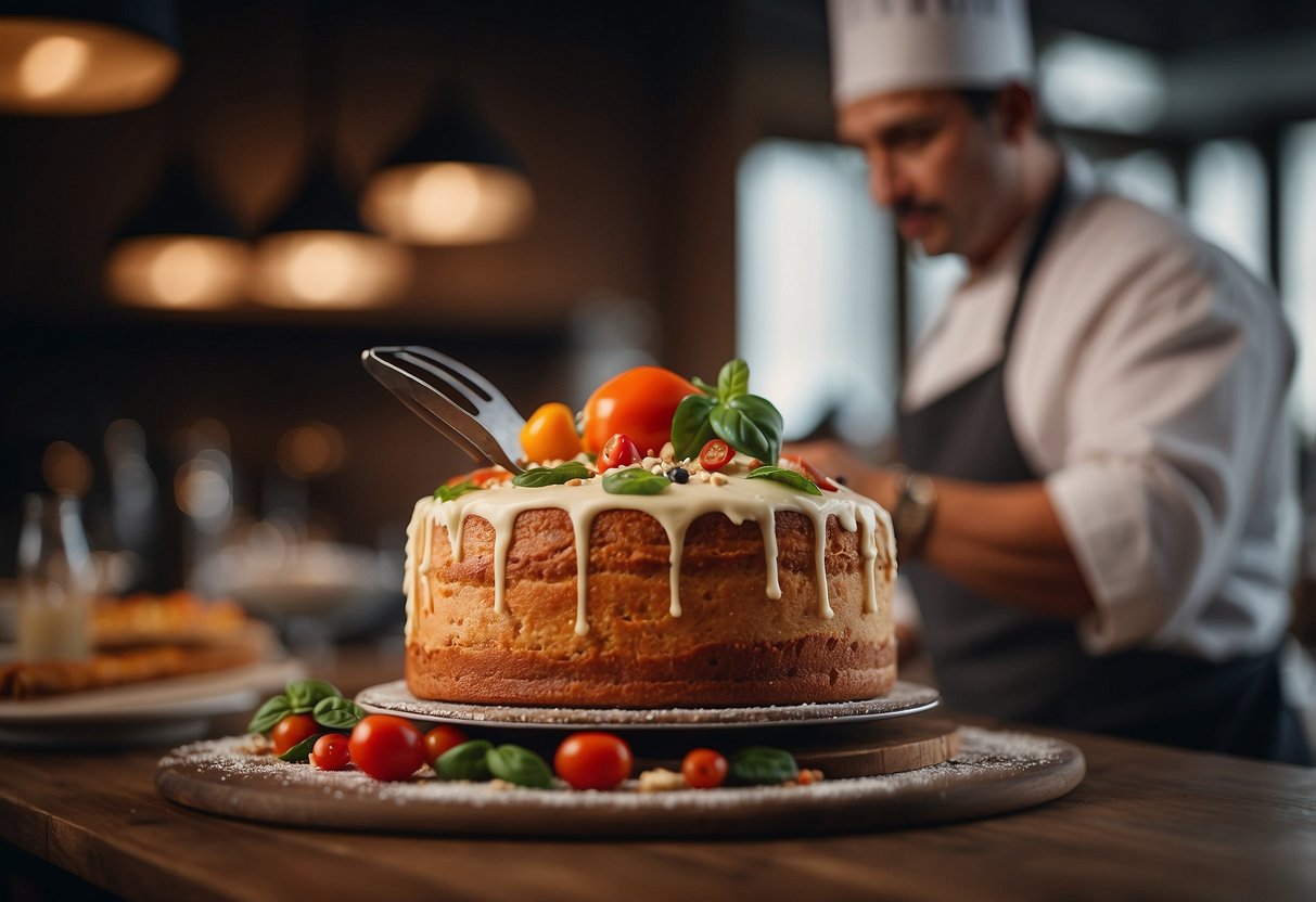 A chef's hat on a wedding cake, with a pizza slice in one hand and a spatula in the other