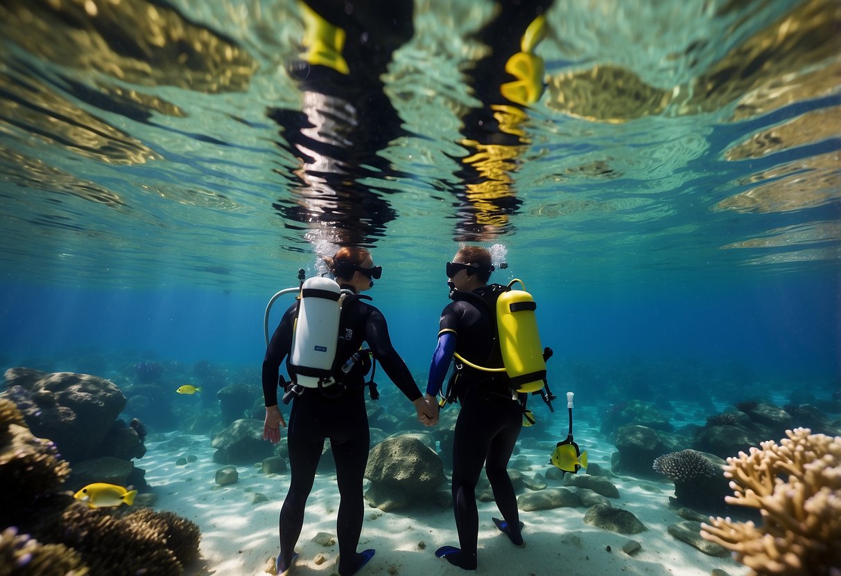 A scuba instructor guides a couple in clear blue waters, surrounded by colorful fish and coral. The couple holds hands as they explore the underwater world