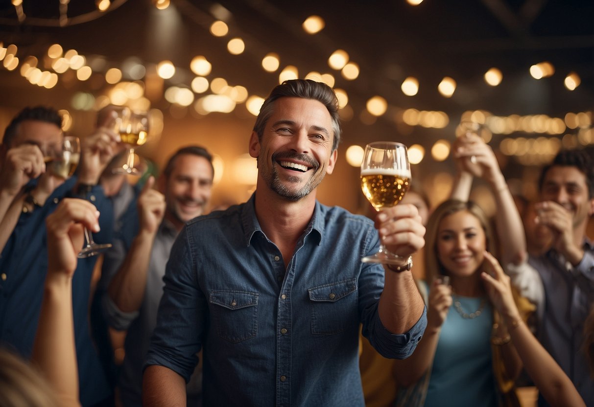 A joyful figure raising a glass in celebration, surrounded by laughter and cheering