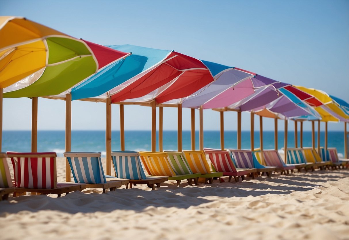 A row of beach pavilions with colorful decorations and seating, overlooking the ocean under a clear blue sky