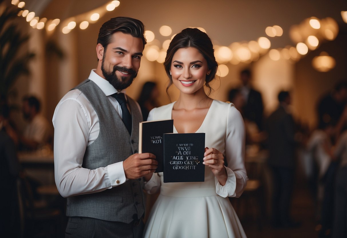 A couple standing together, one holding a wedding vow book, with a speech bubble above them saying "I vow to never go to bed angry, and to always kiss you goodnight."