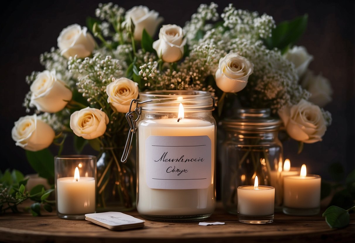 A glass jar filled with handwritten notes and mementos, surrounded by candles and flowers, symbolizing 30 years of love and memories