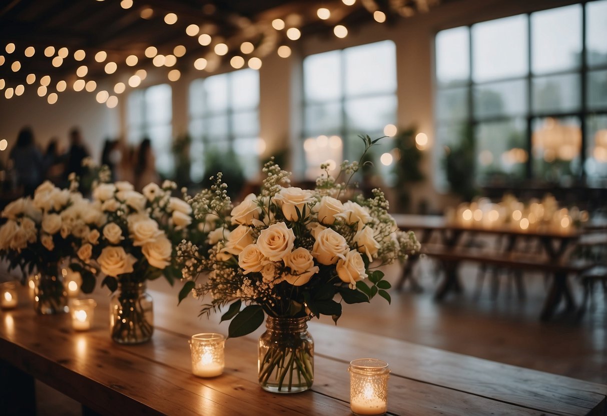 A cozy art gallery with string lights, floral arrangements, and vintage decor set up for a wedding ceremony