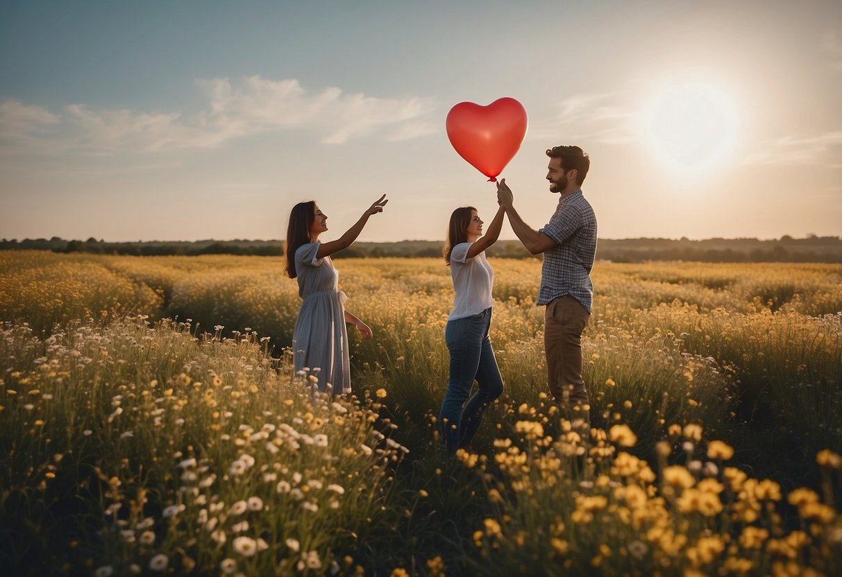 A couple standing in a field, surrounded by blooming flowers, with one person holding a heart-shaped balloon and the other person reaching out to touch it