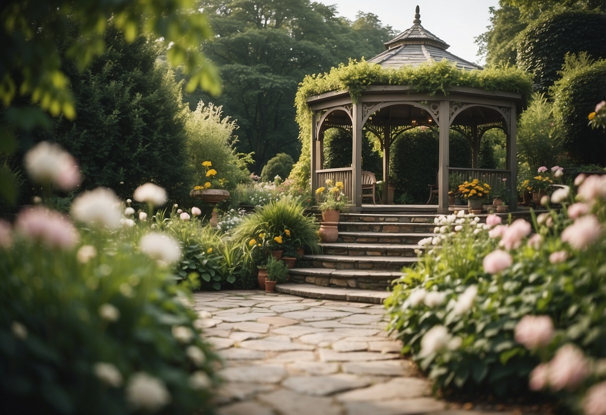 Lush green gardens with blooming flowers, a charming gazebo, and a quaint outdoor seating area for a budget-friendly wedding venue