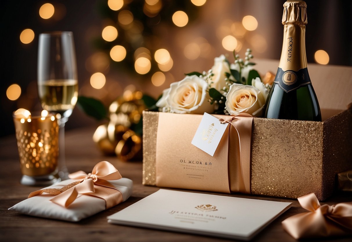 A beautifully wrapped subscription box filled with 30th wedding anniversary gift ideas, including a bottle of champagne, a photo album, and a personalized anniversary card