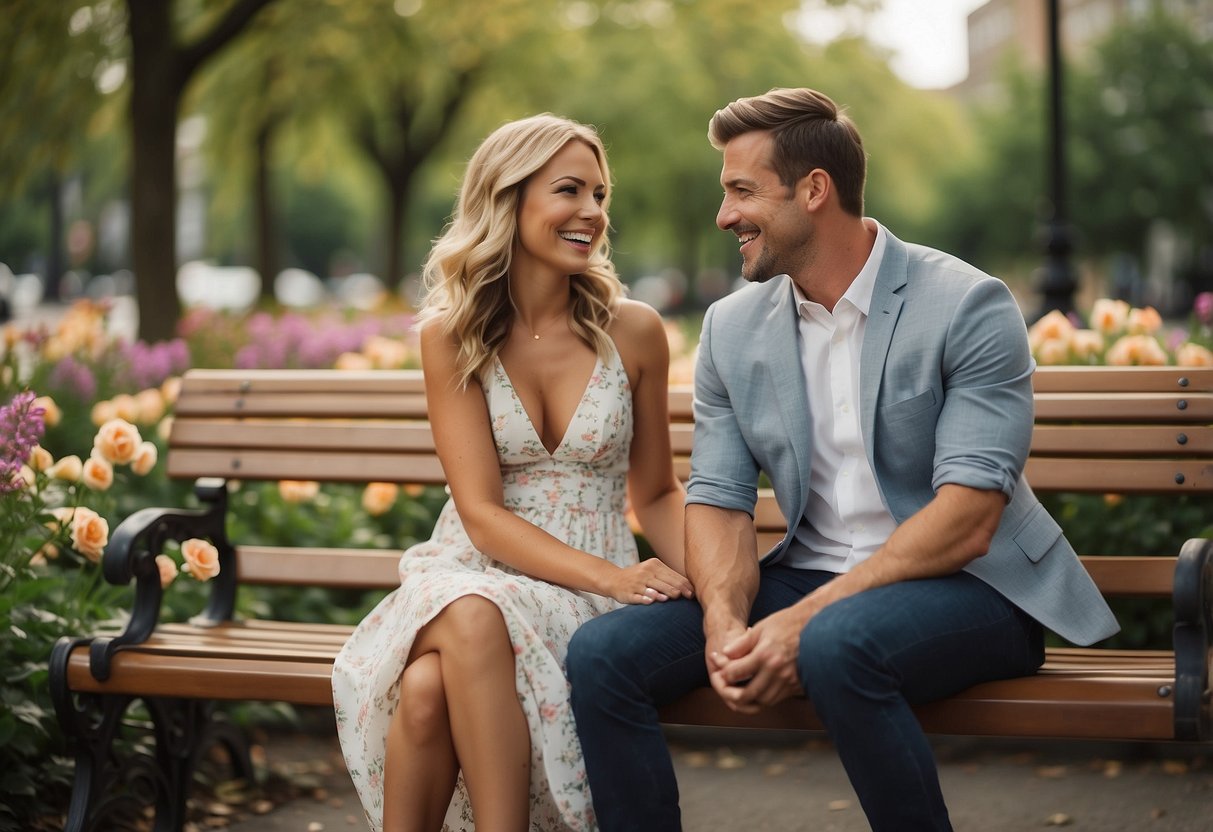 A couple sits on a park bench, surrounded by colorful flowers and laughing together as they brainstorm funny wedding vow ideas