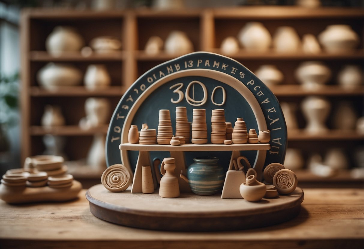 A pottery wheel spins as a couple shapes clay. Shelves display finished pieces. A banner reads "30th Anniversary Pottery Class."