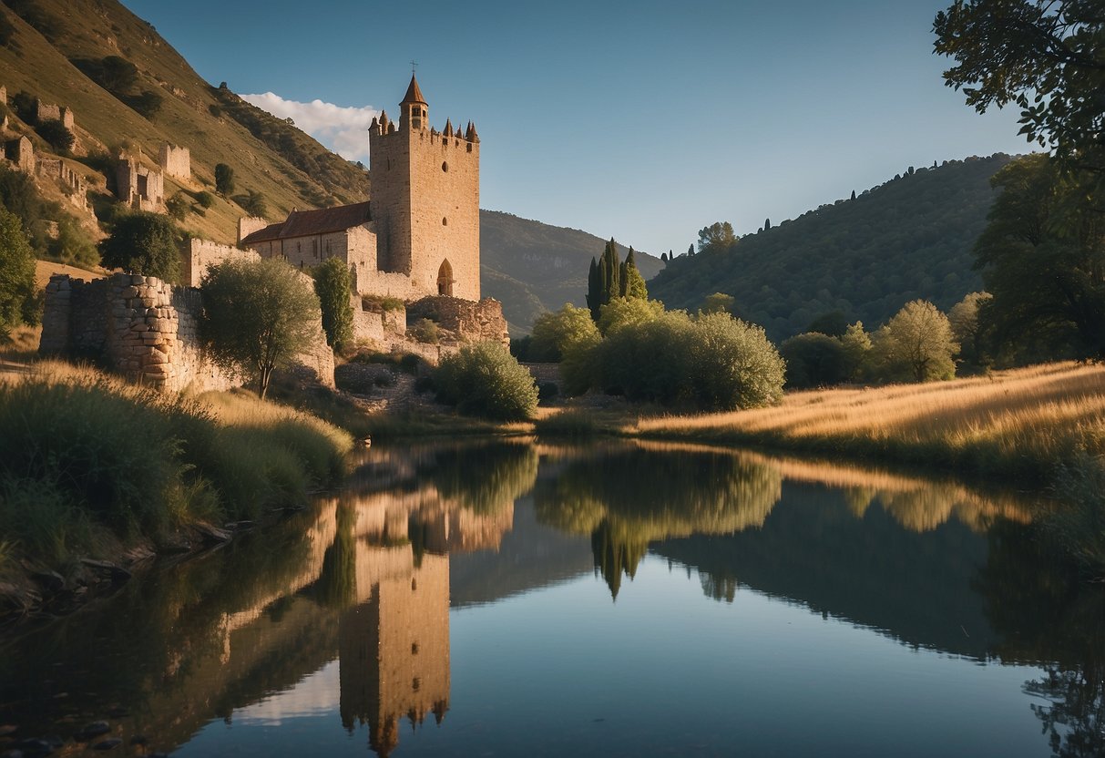 A quaint chapel nestled among ancient ruins, with a backdrop of a majestic castle and rolling hills. A serene pond reflects the timeless beauty of the historic landmarks