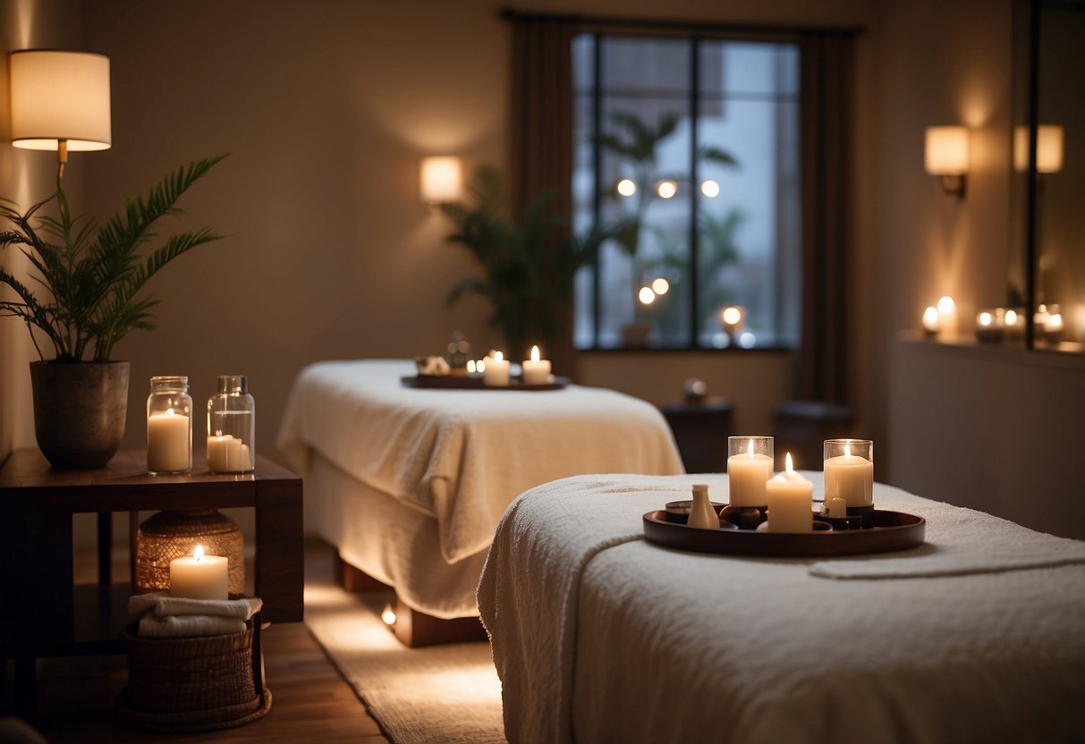 A serene spa room with a couple's massage table, soft lighting, and soothing music. Aromatherapy scents fill the air, and plush robes and slippers are neatly laid out for the couple