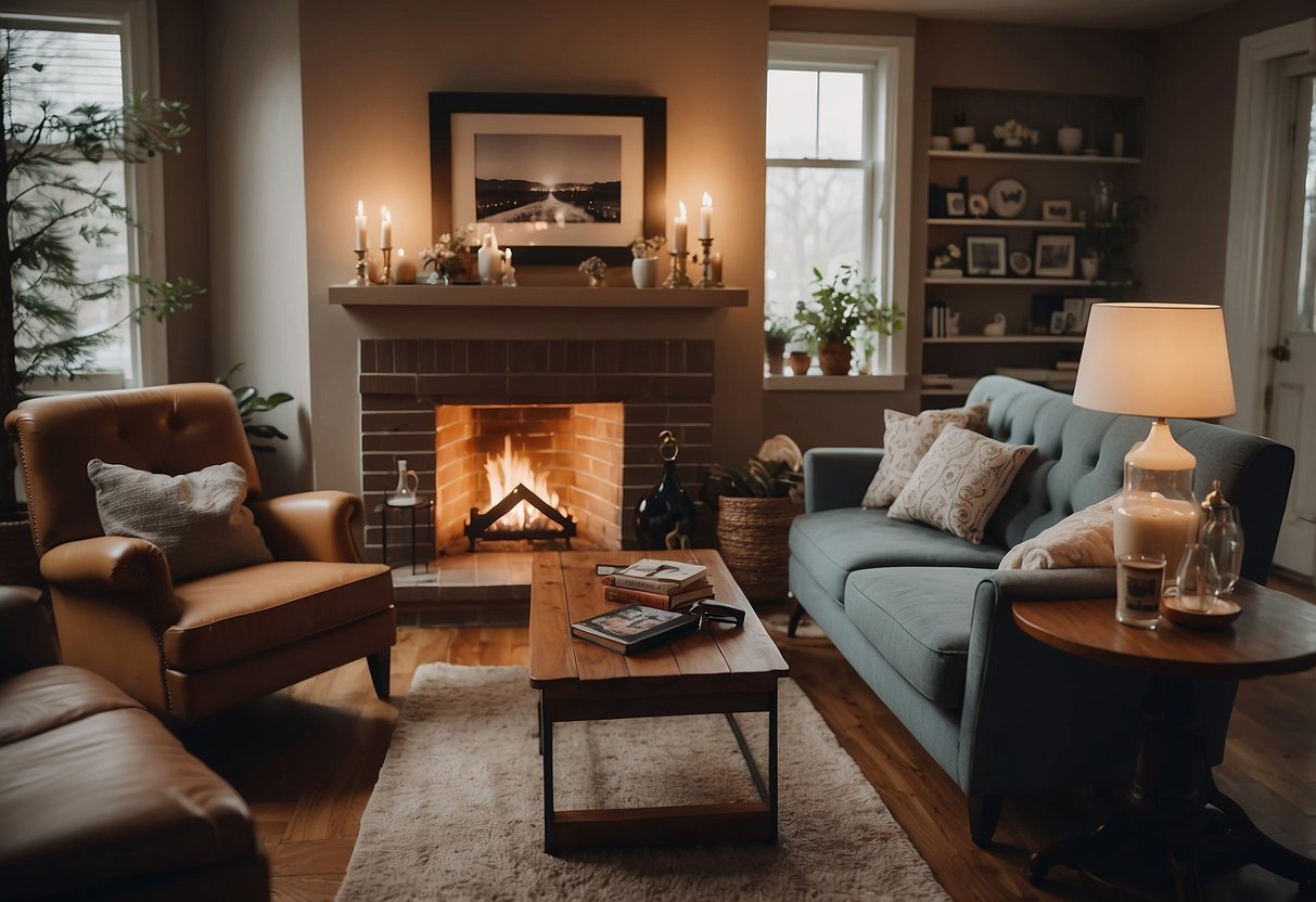 A cozy living room with a fireplace, two armchairs, and a table adorned with photos and mementos from the couple's 30 years together