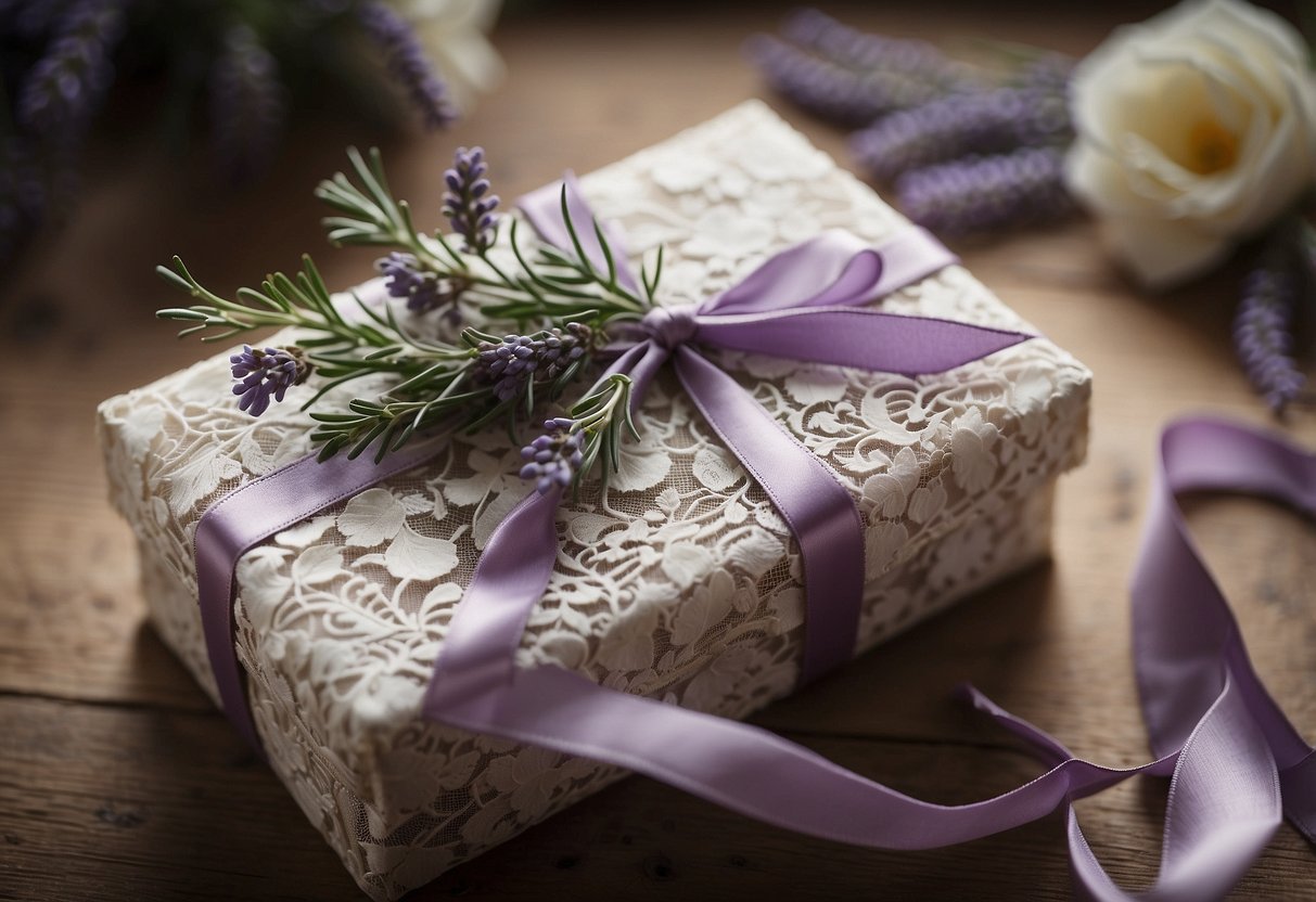 A vintage lace wrap is delicately tied around a wedding gift box, adorned with a satin ribbon and a sprig of lavender